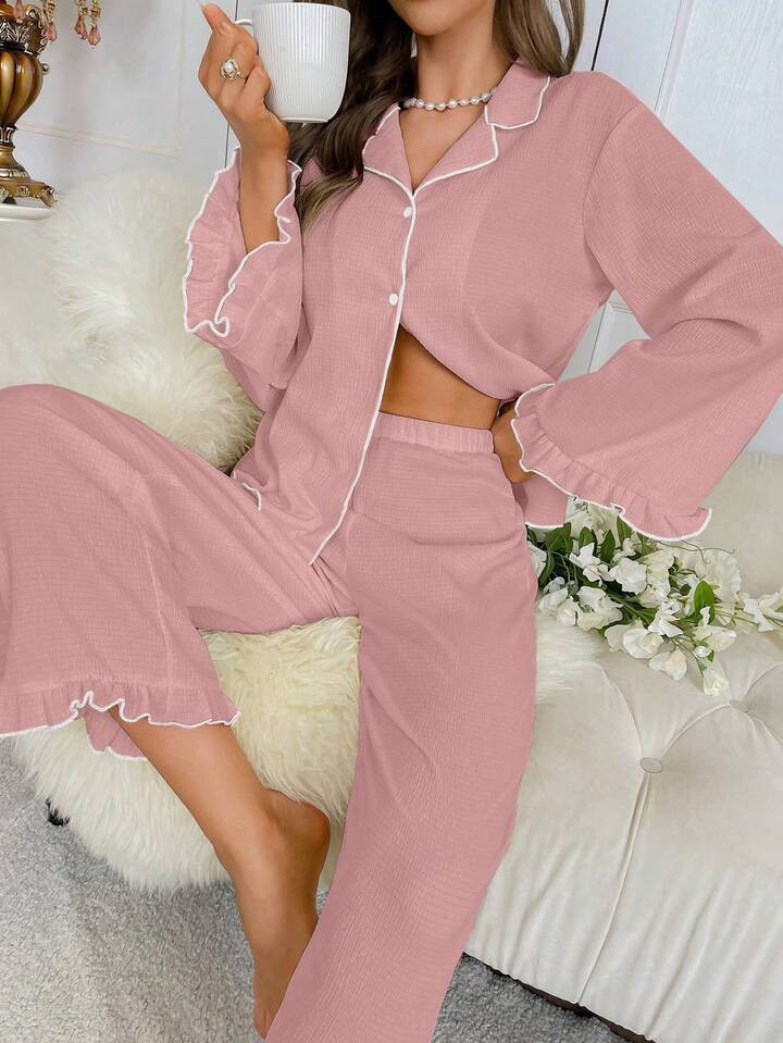 Contrast Binding Ruffle Trim PJ Set | SHEIN
