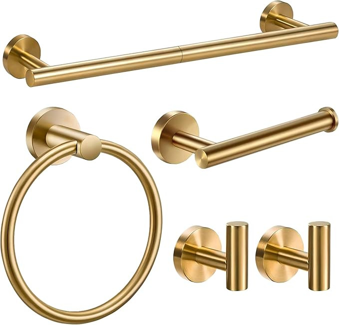 5 Piece Bathroom Hardware Sets, Brushed Gold 304 Stainless Steel Round Bathroom Accessories Kits,... | Amazon (US)
