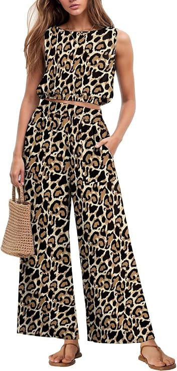 GRECERELLE Two Piece Sets for Women Sleeveless Crop Top Wide Leg Pants Sweat Set for Women Tracks... | Amazon (US)