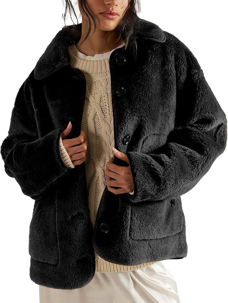 Cozy Sherpa Jacket Long Sleeve Lapel Neck Button Down Fleece Fuzzy Coat Mid-length Winter Warm Ov... | Amazon (US)