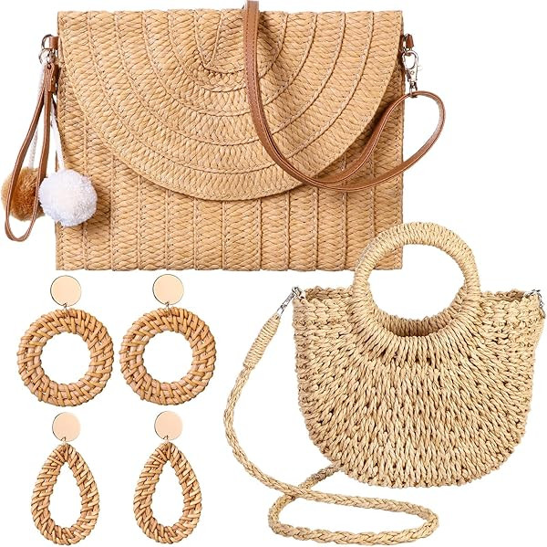 2 Pack Women Straw Crossbody Bag Straw Clutch Rattan Purse for Women with 2 Pairs Rattan Earrings... | Amazon (US)