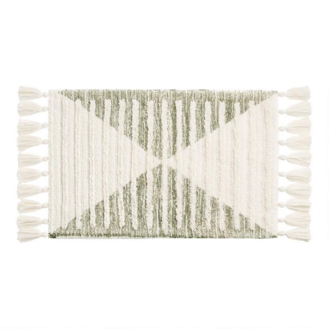 Ace White And Sage Diamond Tufted Tassel Bath Mat | World Market