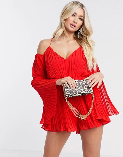 Rare London pleated cold shoulder romper in red | ASOS (Global)