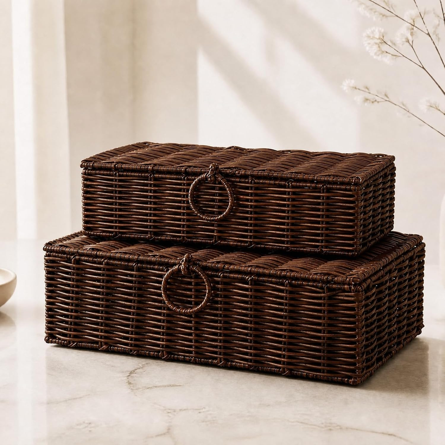 Hushee Set of 2 Wicker Storage Baskets with Lid Woven Wicker Storage Bins Woven Rattan Decorative Boxes with Lid for Shelf Organizer Coffee Table Bathroom Living Room Decor | Amazon (US)