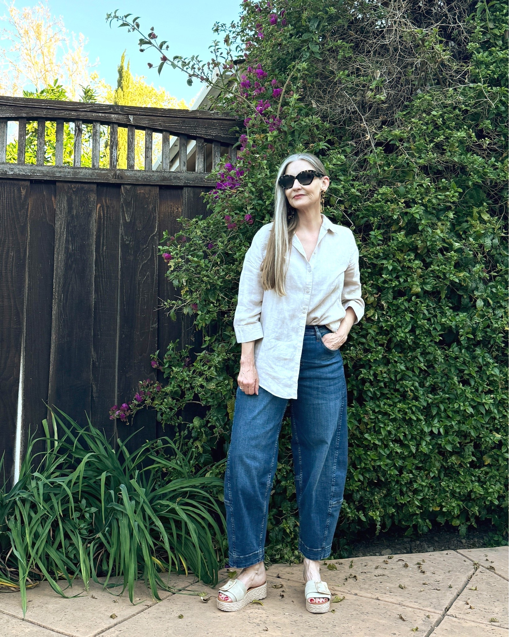 Linen oversized shirt with cool barrel jeans & suede sandals. #wiw #summerootd #barreljeans #styleover50 #midsizestyle #californiacasual #capsulewardrobe