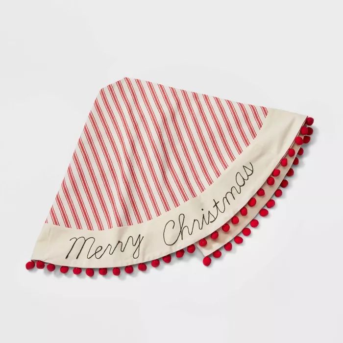 48" Striped Linen Christmas Tree Skirt with Pompom Trim - Wondershop™ | Target