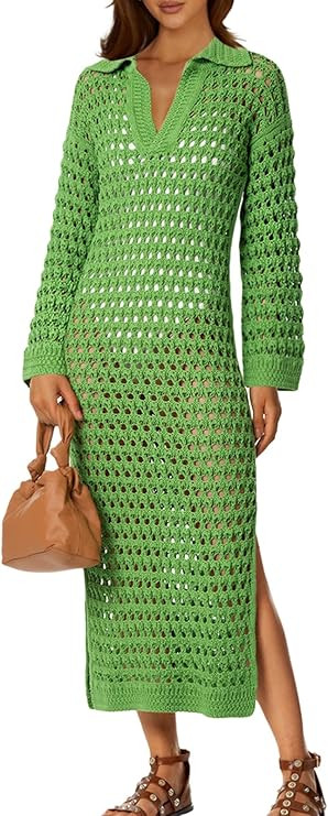 Saodimallsu Womens Crochet Swimsuit Cover Up V Neck Collared Long Sleeve Mesh Knit Split Long Bea... | Amazon (US)