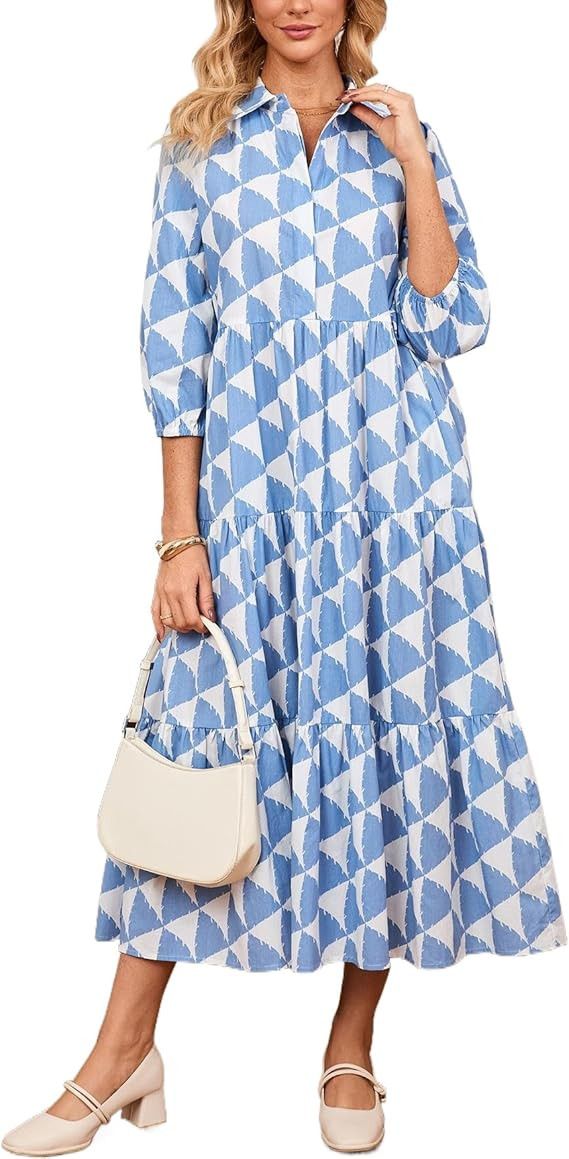 Women's Maxi Shirt Dress Fall Collared 3/4 Sleeve Cotton Botton Down Flowy Boho Tiered Casual Pri... | Amazon (US)