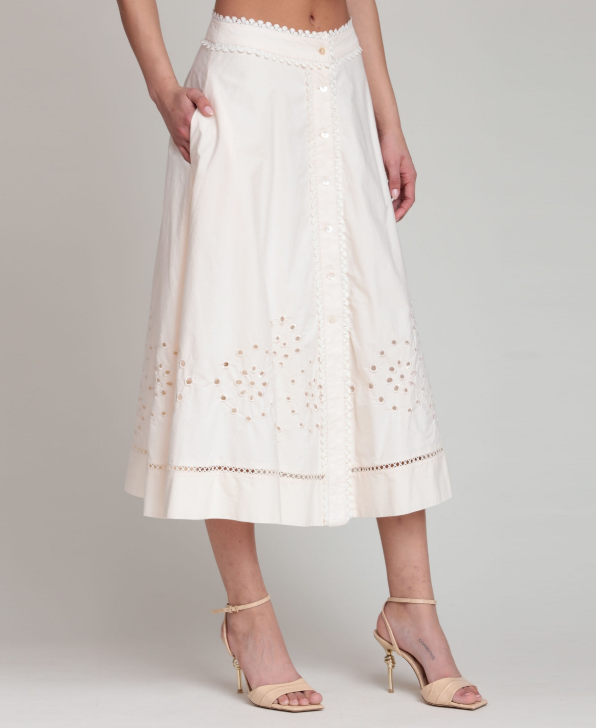Avec Les Filles Women's Cotton Tea-Length Button-Front Skirt - Cream | Macy's