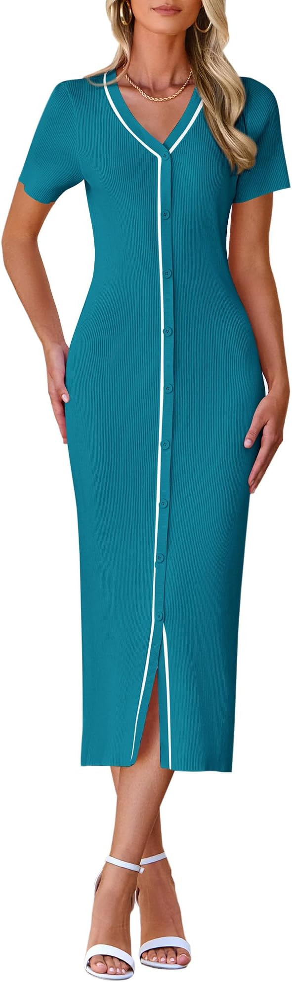 BTFBM Casual Short Sleeve Summer Dresses Women's Knit Bodycon Sweater Dress Decorative Button V N... | Amazon (US)