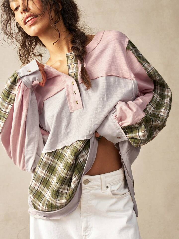 Bohemela Vacation Loose Fit Contrast Color Block Round Neck Pullover Sweatshirt For Women | SHEIN