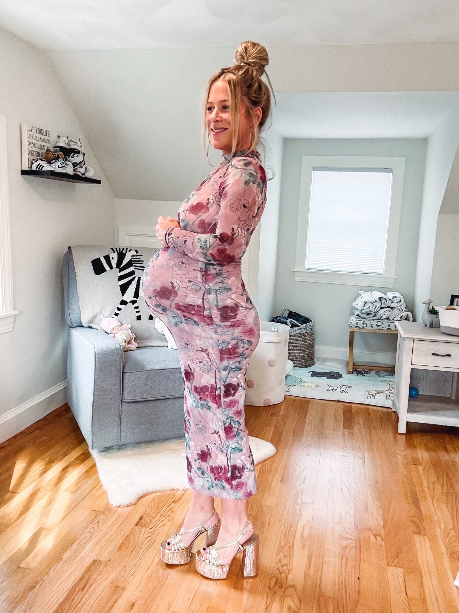 Spring floral pink and purple baby shower dress. MIDI length high neck wearing S. This dress is so pretty in person! Sheer with lining and very soft! 

#LTKSaleAlert #LTKBaby #LTKBump