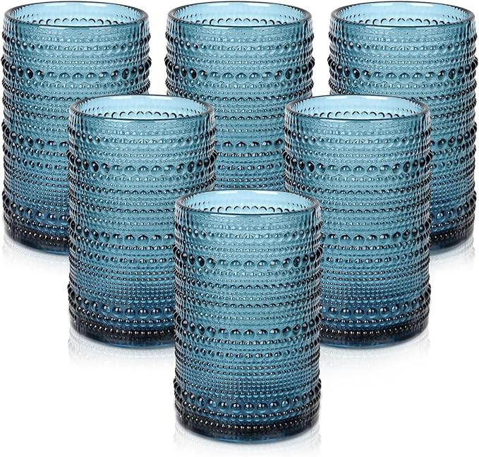 Vintage Glassware Drinking Glasses Set of 6,15 oz Hobnail Glass Cups,Embossed Blue Water Tumbler,... | Amazon (US)