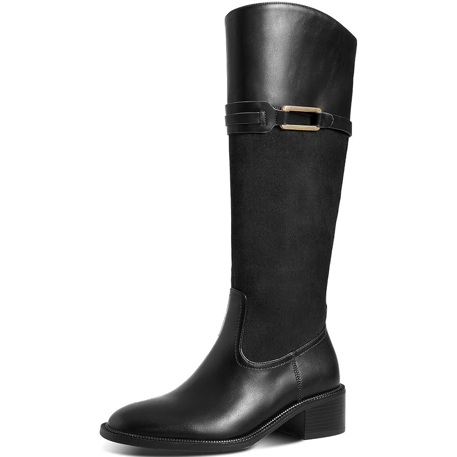 Women's Knee High Boots Round Toe Chunky Block Heel Side Zipper Buckle Riding Boots | Amazon (US)