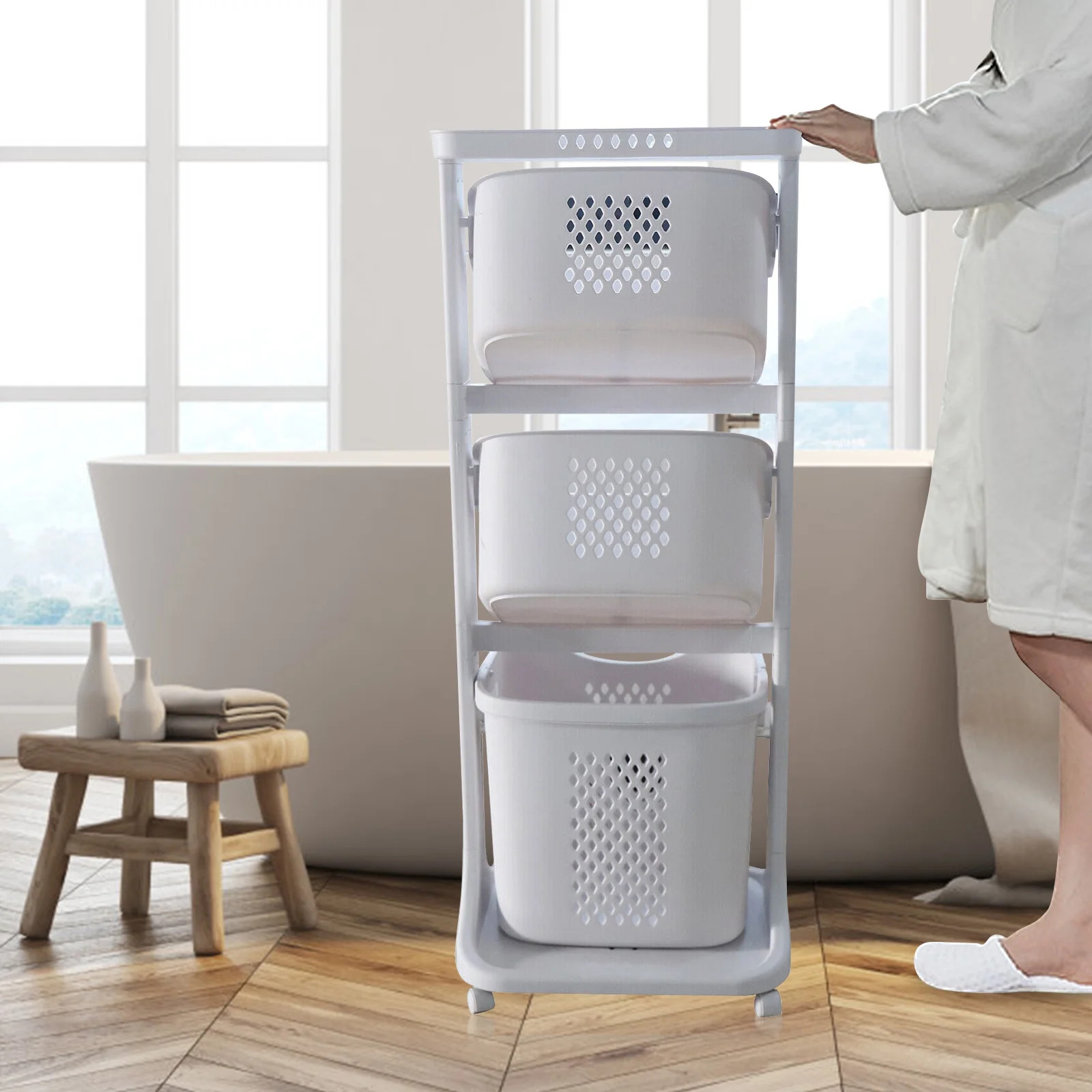 3-Tier Laundry Hamper Basket Sorter Bathroom Organizer with Wheels Movable Clothes Storage Basket... | Walmart (US)