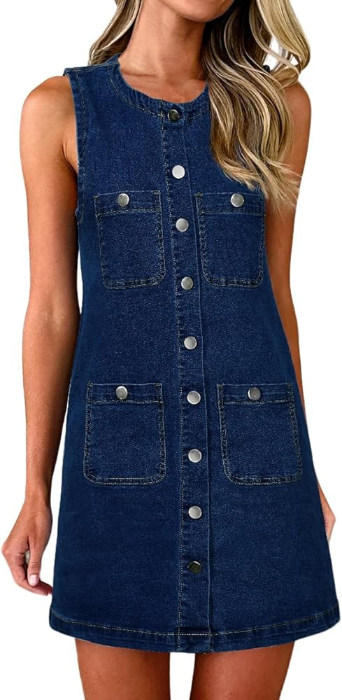 Denim Dress for Women, Sleeveless Jean Dress Button Down Dresses Casual Summer Denim Mini Dresses... | Amazon (US)