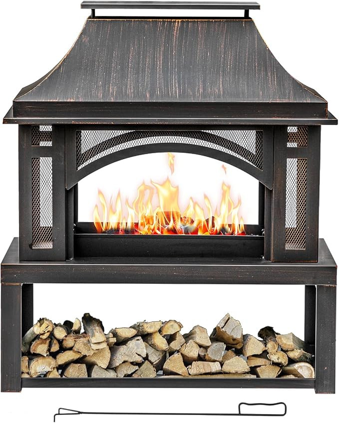 39" Fire Pits with Wood Storage for Outside, Large Wood Burning Outdoor Fireplace with Chimney, M... | Amazon (US)