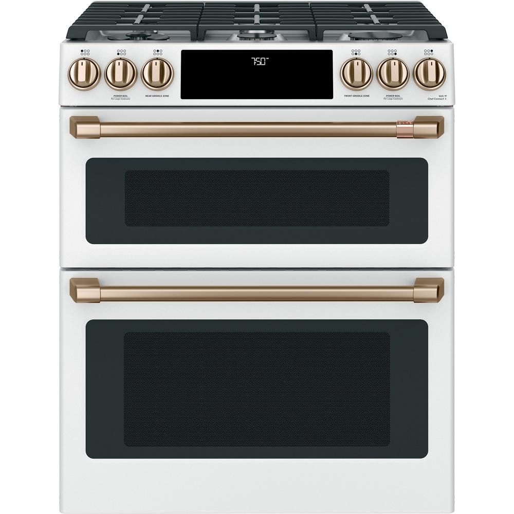 30 in. 6.7 cu. ft. Slide-In Double Oven Gas Range with Self-Cleaning Convection in Matte White, F... | The Home Depot