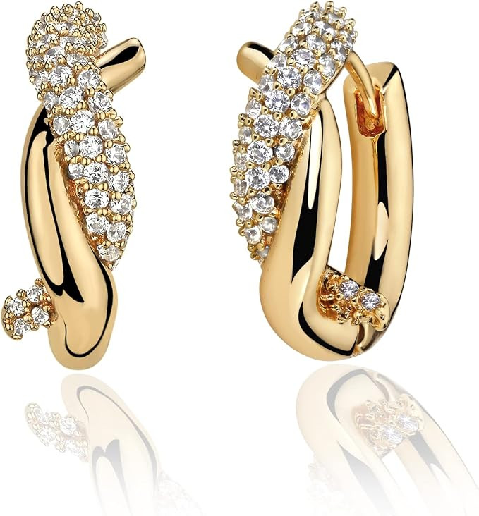 Huggie Hoop Earrings 14K Gold Plated Cubic Zirconia Dainty Simple Cute Beads Elegant CZ Circle Sm... | Amazon (US)