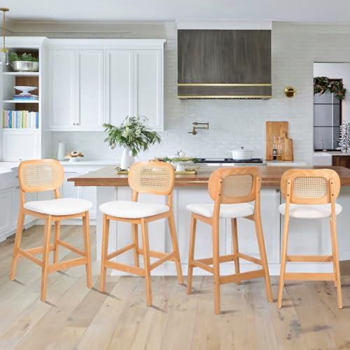 WOOW DEPOT Rattan Bar Stools Counter Height Bar Stools Set of 4, Boucle Fabric Upholstered Barstools with Rattan Back, Mid Century Modern Bar Chairs Counter Stools for Kitchen Island, White | Amazon (US)