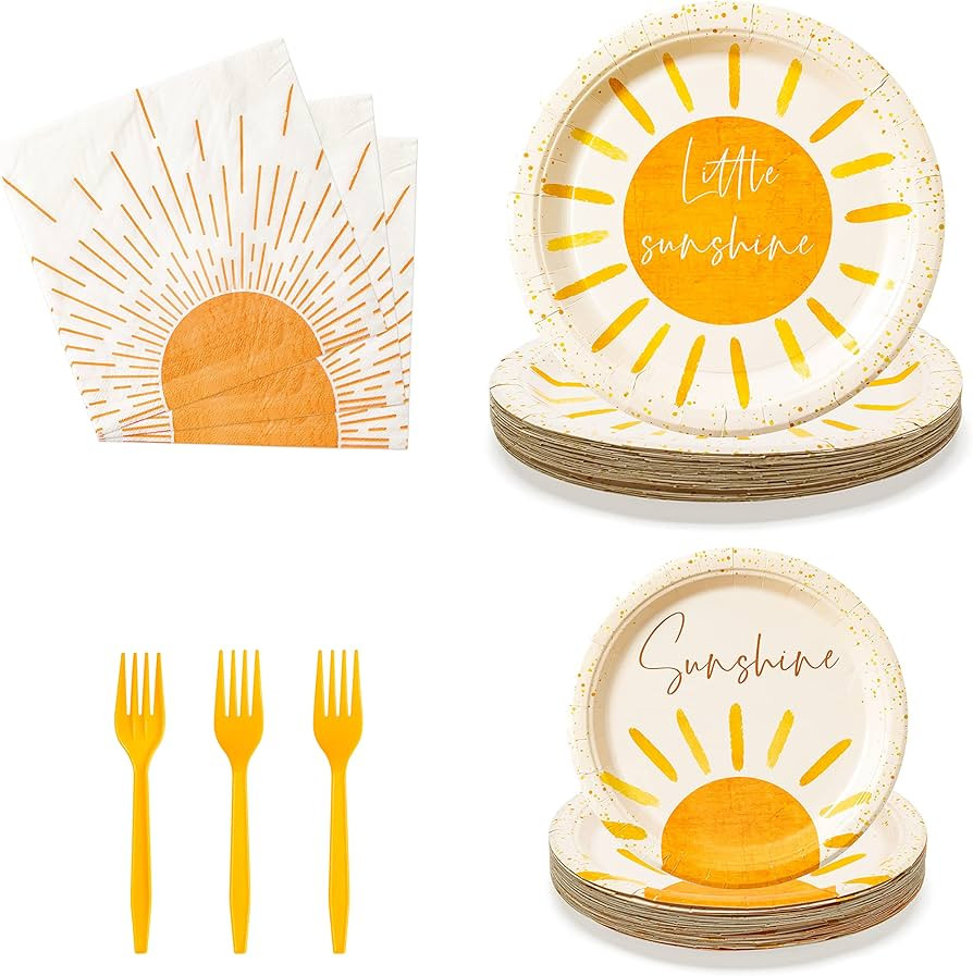 G1ngtar 96Pcs Boho Sun Party Tableware Set - Include Paper Plates Napkins Yellow Forks, First Tri... | Amazon (US)