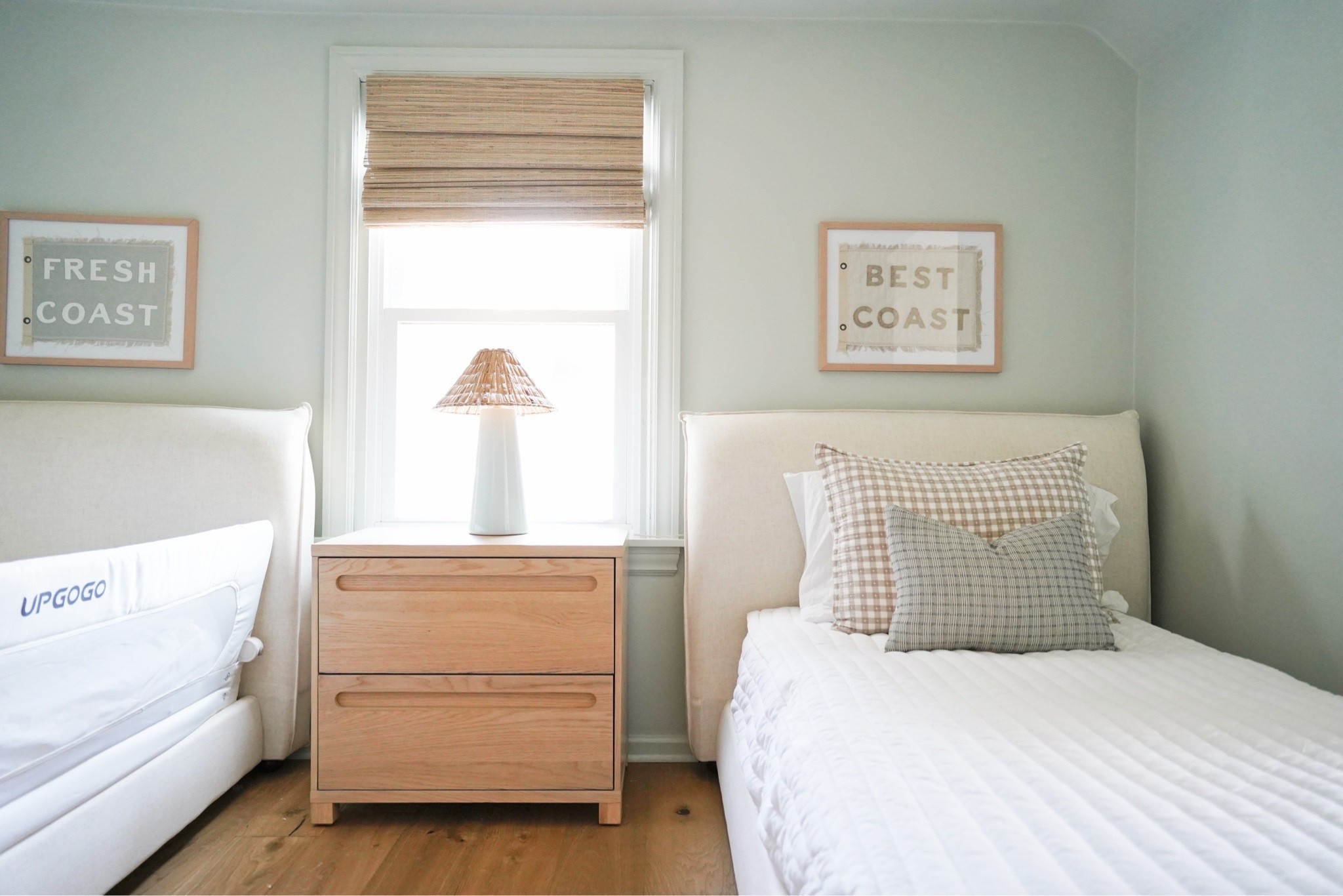 Kids room at the cottage in progress! Walls are SW sea salt. Framed flash are custom- I have linked the artist on Etsy! Message her for custom work! Bedspreads are Beddy’s Emerson. Window shades are “Ginger” use code HANNAHJANSMA for 22% off