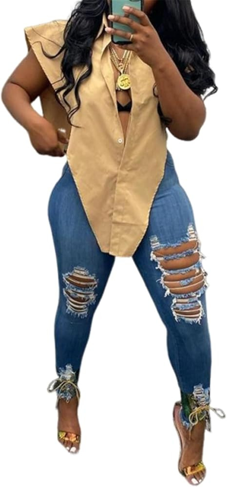 ECHOINE Women Y2K Solid Color Turn-Down Collar Long Shirt Sexy Button Up Cut Out Side Oversized S... | Amazon (US)