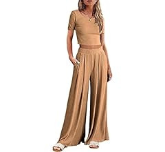 Ekouaer Women's 2 Piece Lounge Sets Ribbed Knit Crop Top Wide Leg Pants with Pockets S-XXL | Amazon (US)