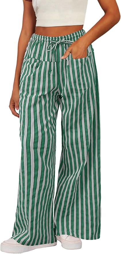 Acelitt Women Casual Drawstring Elastic Waist Loose Wide Leg Striped Pants with Pockets, S-XXL | Amazon (US)