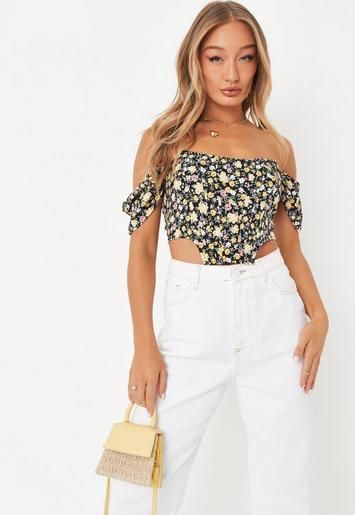 Missguided - Yellow Floral Print Bardot Corset Top | Missguided (US & CA)