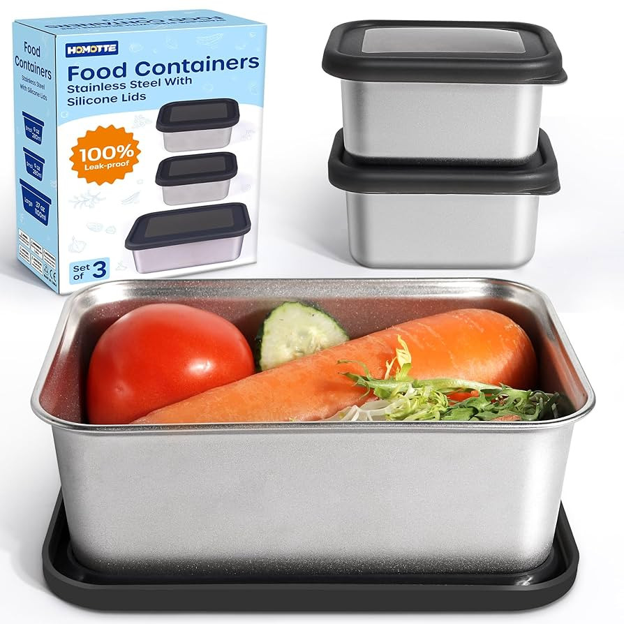 3 Pack Stackable Square SUS316 Stainless Steel Lunch Container Set - 2x 9 oz & 1x 17 oz with Semi... | Amazon (US)