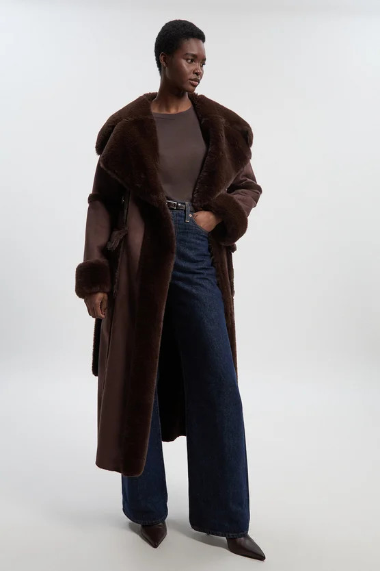 Faux Shearling Collar & Cuff Tie Belt Maxi Coat | Karen Millen US