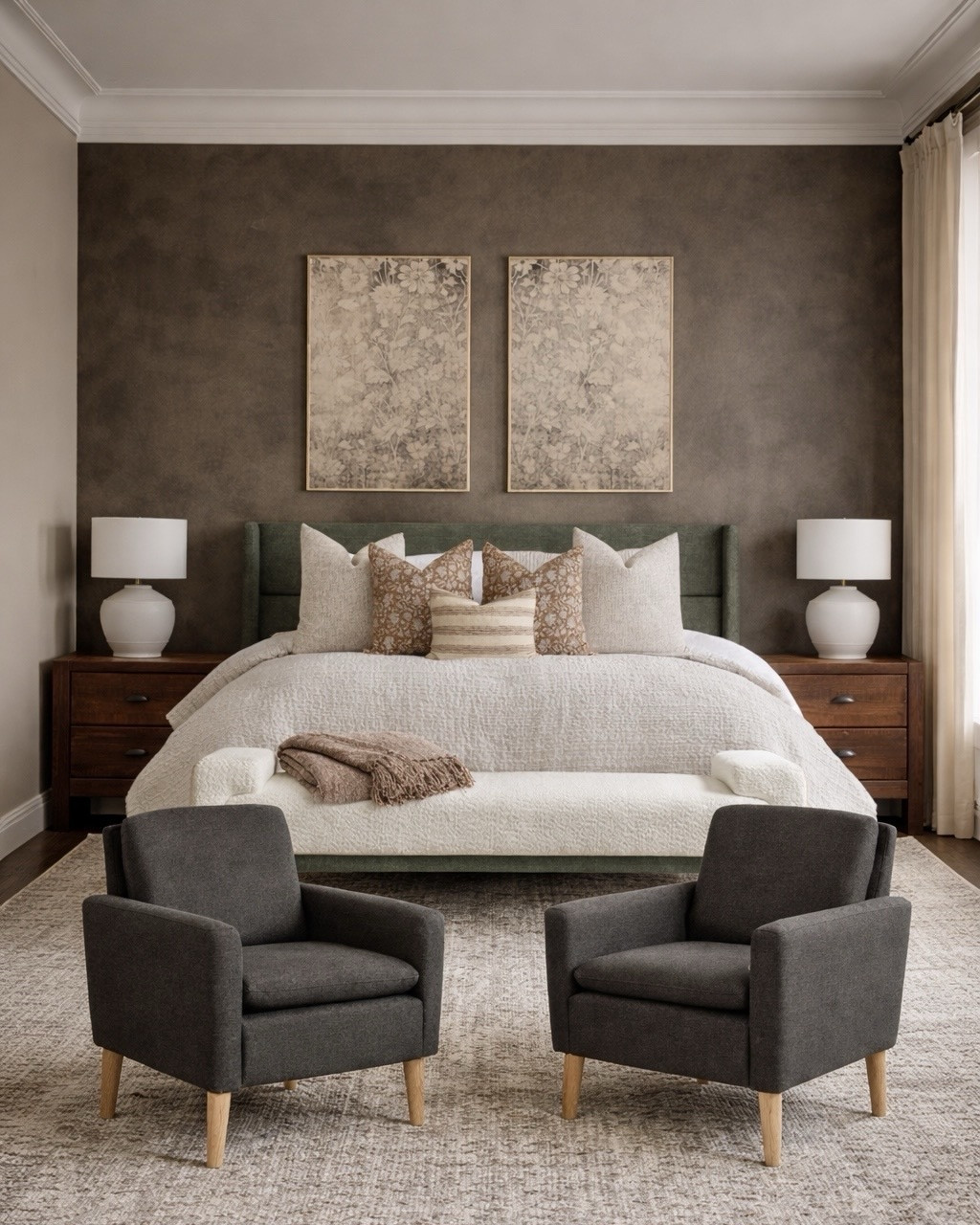 Neutral Bedroom Collection with Accent Wall Styling

Follow @farmtotablecreations on Instagram for more home styling inspiration and curated finds.

This bedroom look brings together warm textures, earthy tones, and timeless pieces to create a calm, elevated space. The rich accent wall adds depth behind the green upholstered bed, while layered neutral bedding and patterned pillows keep the look soft and inviting. Matching wood nightstands with classic ceramic lamps balance the space, and the cozy bench with a throw adds both function and warmth. Two accent chairs at the foot of the bed complete the room, creating a comfortable spot that feels both styled and livable.

#bedroomdecor #bedroomfurniture #accentchair #area rug #bedroomlighting #throwpillows

#LTKSaleAlert #LTKHome