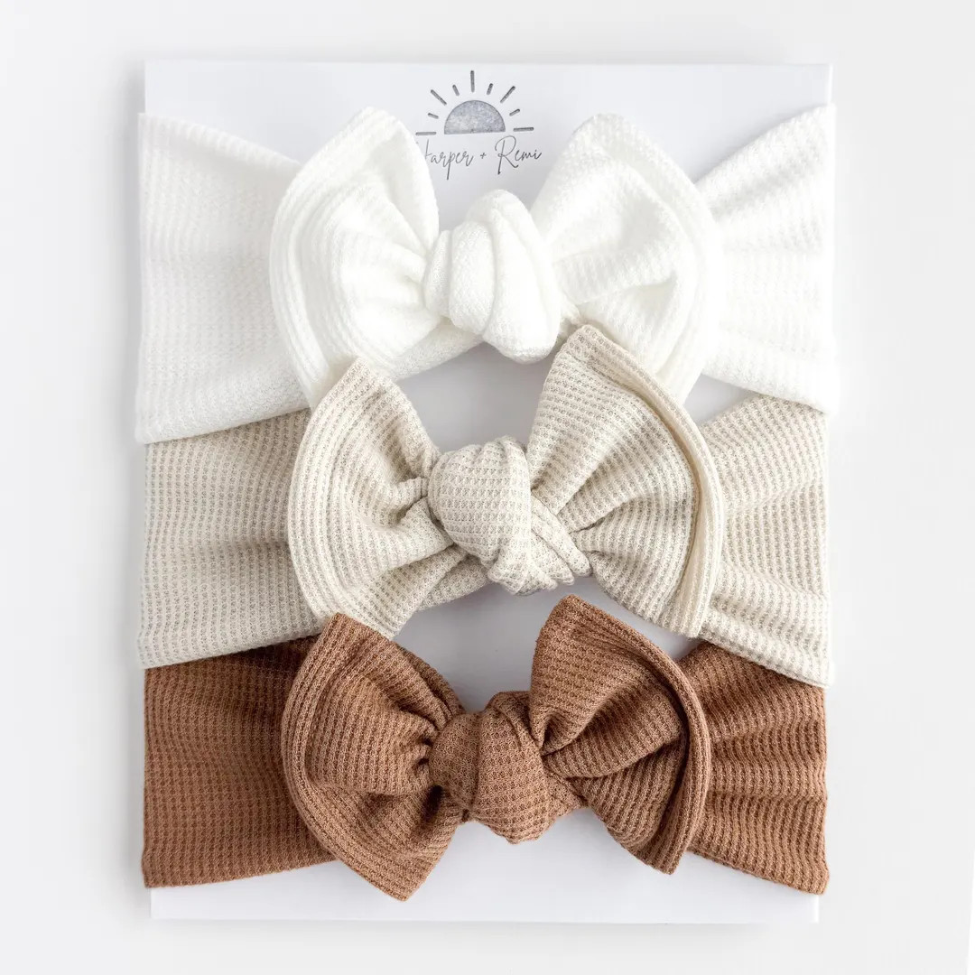 Neutral Waffle Top Knot Bows (white, Sand Tan, Mocha Brown), Newborn / Baby Headband Wraps - Etsy | Etsy (US)