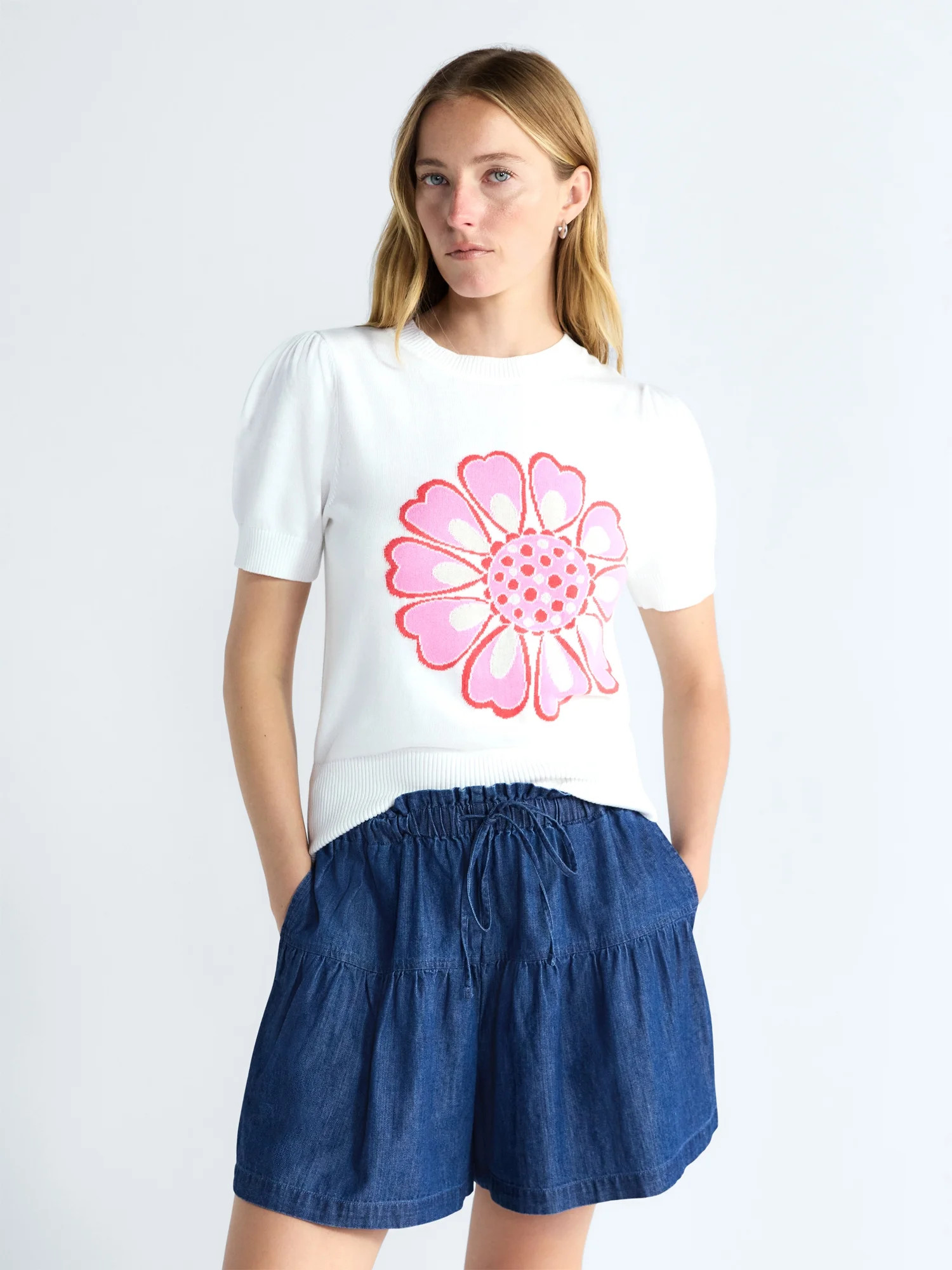 Free Assembly Women's and Women's Plus Floral Sweater with Puff Sleeves, Lightweight, Sizes XS-4X | Walmart (US)