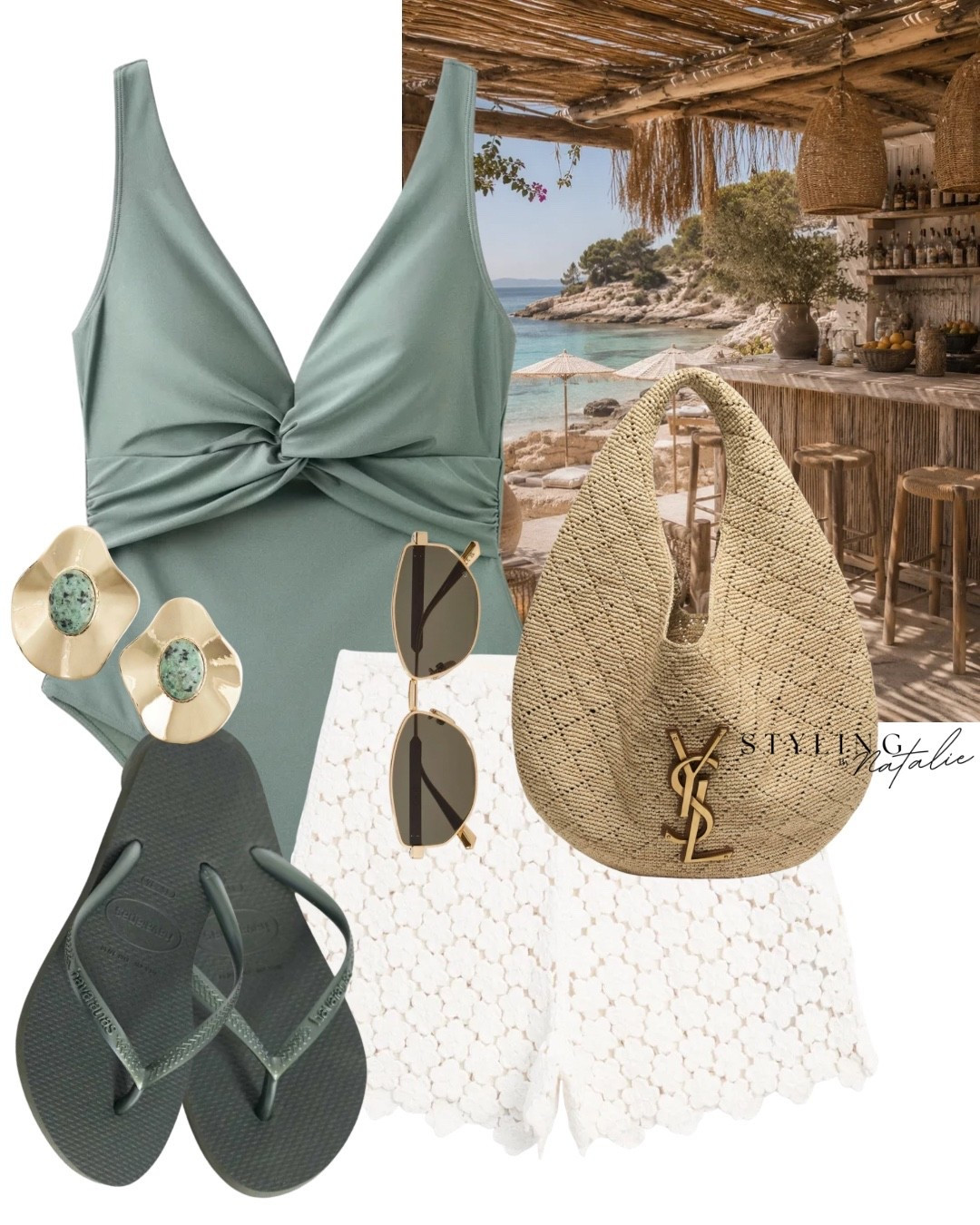 Sage green dried swimsuit, crochet shorts, Saint Laurent raffia hobo bag, Havaianas flip flops, and statement earrings.
Beach wear, beach club, swimwear, Ibiza, Euro summer, holiday, vacation

#LTKsummer #LTKeurope #LTKswimwear