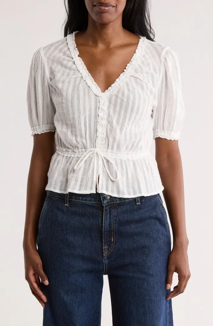 Shadow Stripe Ruffle Cotton Button Top | Nordstrom Rack