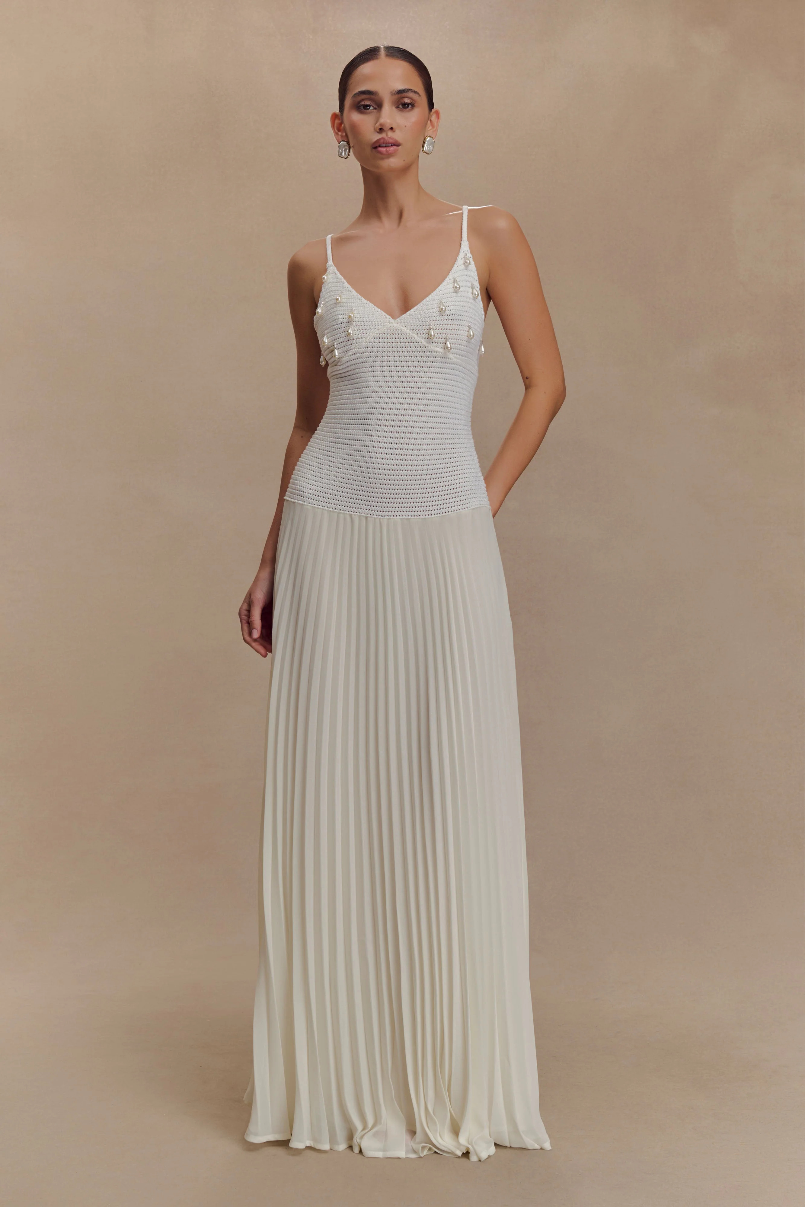 Catherine Crochet Pearl Maxi Dress - White | MESHKI US