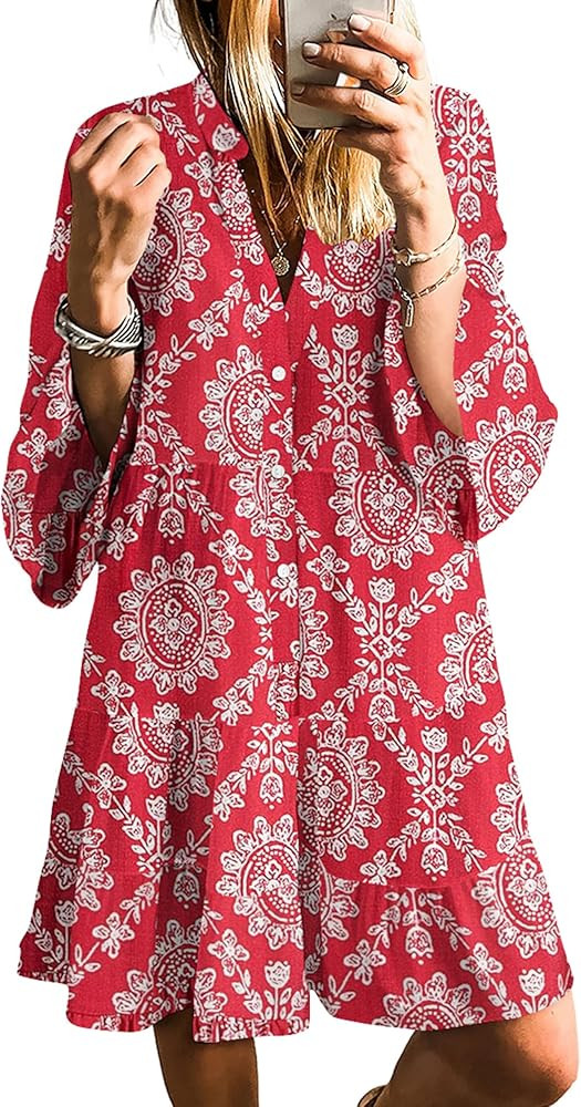 SELINK Womens Long Sleeve Dresses Casual V Neck Tribal Print Button Flowy Boho Mini Beach Dress | Amazon (US)