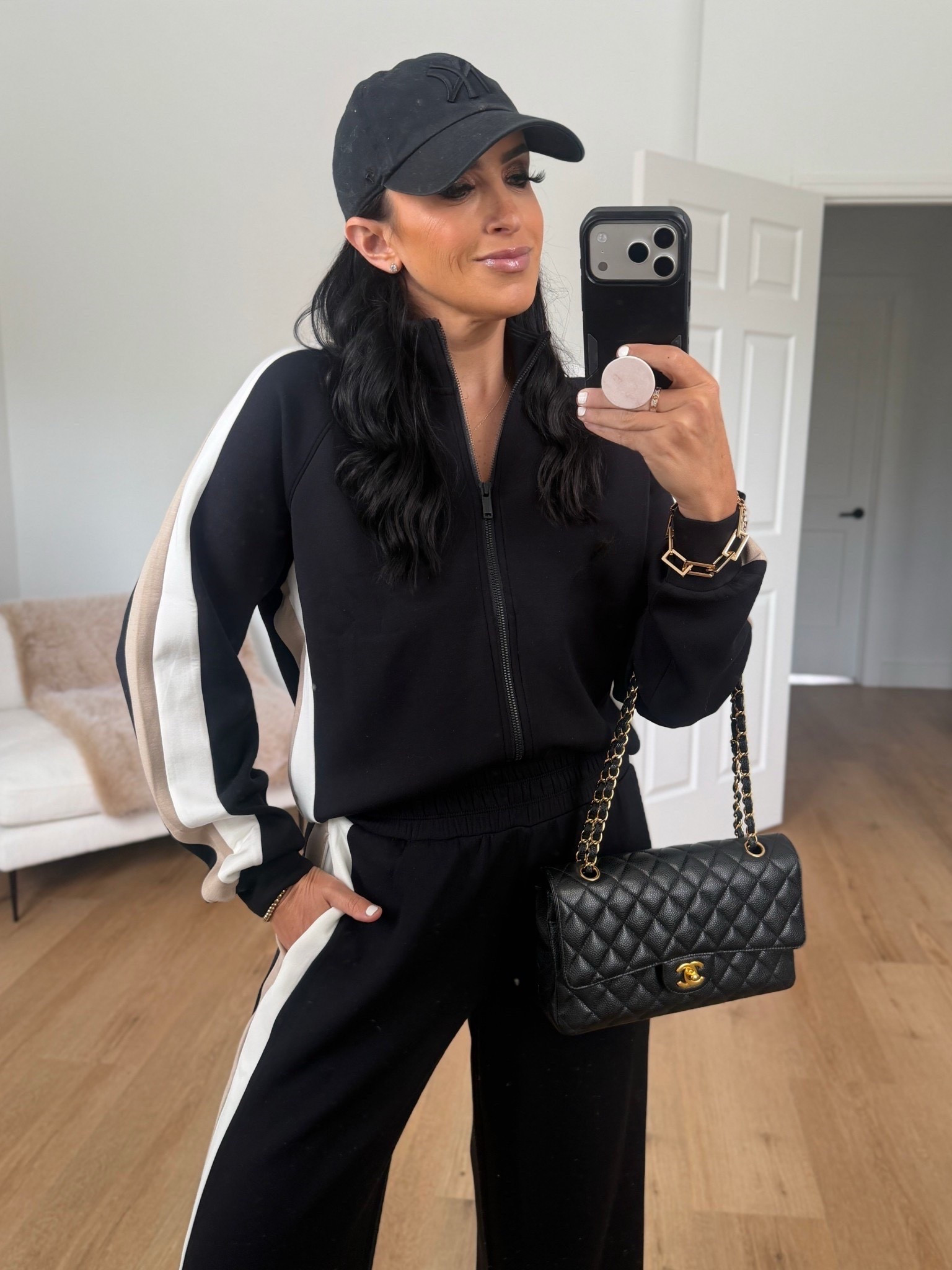 Spanx Air Essentials Colorblock track jacket- I’m wearing a size medium.

Spanx Air Essentials Colorblock track pant- I’m wearing a size medium