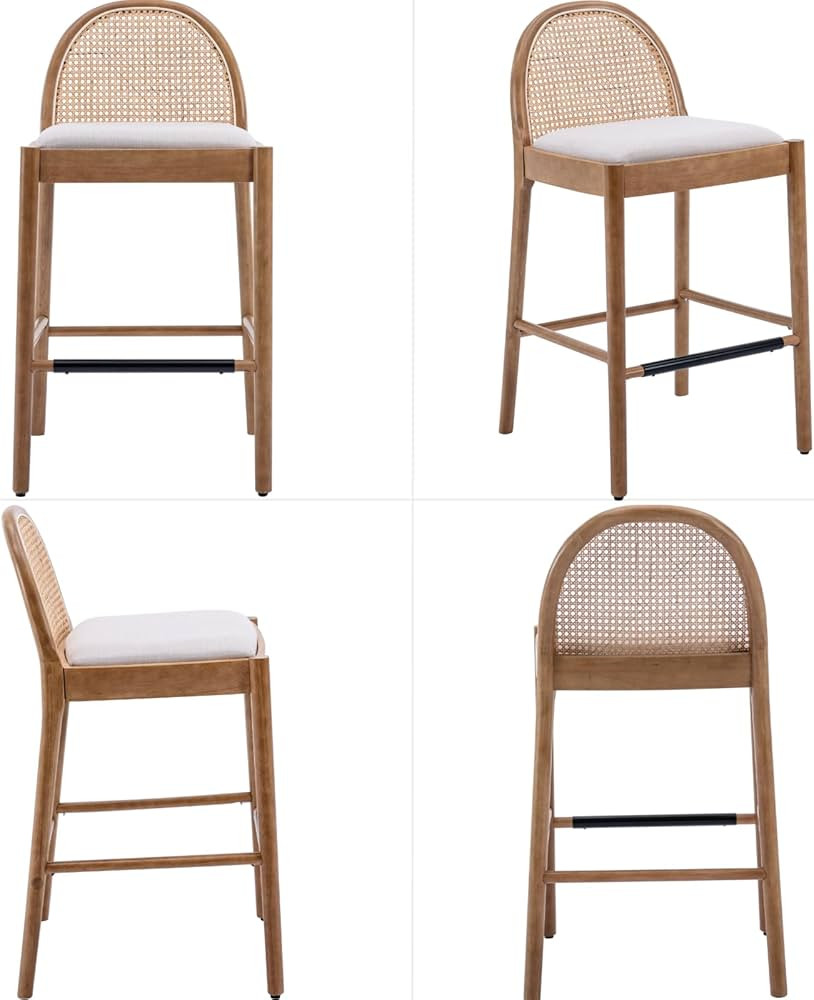 Mid-Century Bar Stools Set of 2, 30 Inch Counter Height Rattan Back Linen Barstools Comfy Upholst... | Amazon (US)