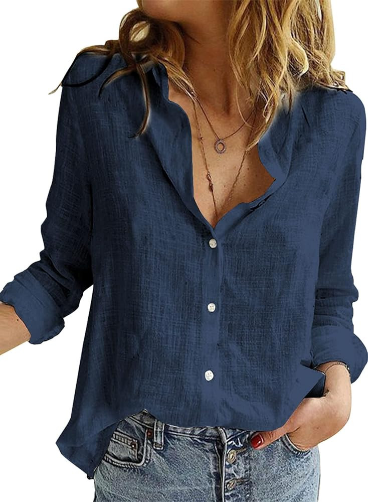 Astylish Womens V Neck Roll up Sleeve Button Down Blouses Tops | Amazon (US)