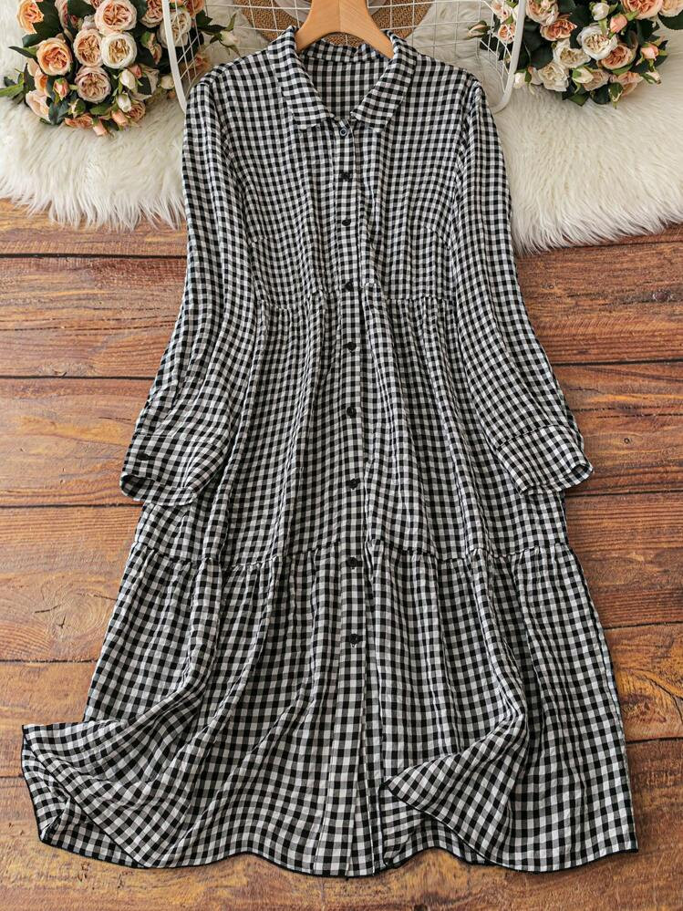 Plus Size Button Front Long Sleeve Plaid Design Casual Elegant Midi Dress Maxi Women Outfit Fall ... | SHEIN