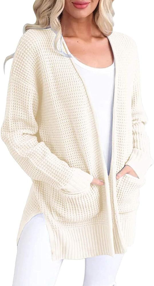 MEROKEETY Womens Long Sleeve Waffle Knit Cardigan Open Front Side Slit Sweater with Pockets | Amazon (US)