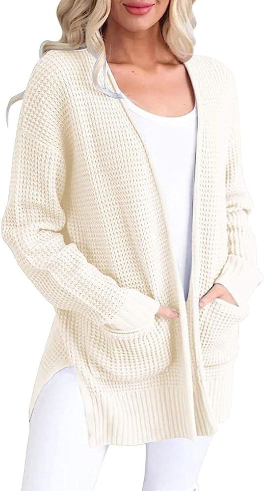 MEROKEETY Womens Long Sleeve Waffle Knit Cardigan Open Front Side Slit Sweater with Pockets | Amazon (US)