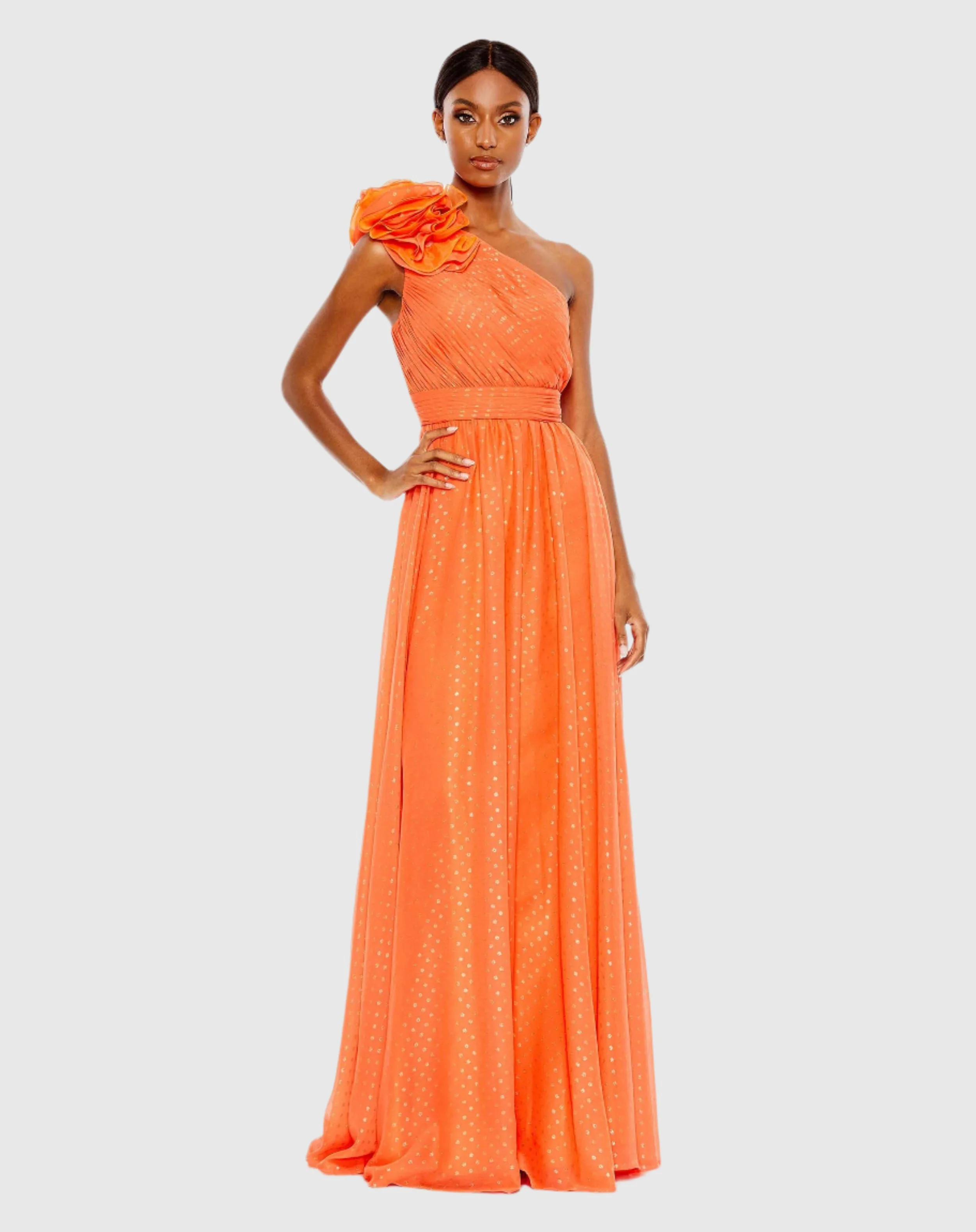 Orange Polka Dot Ruffled One Shoulder Gown - Mac Duggal | Mac Duggal
