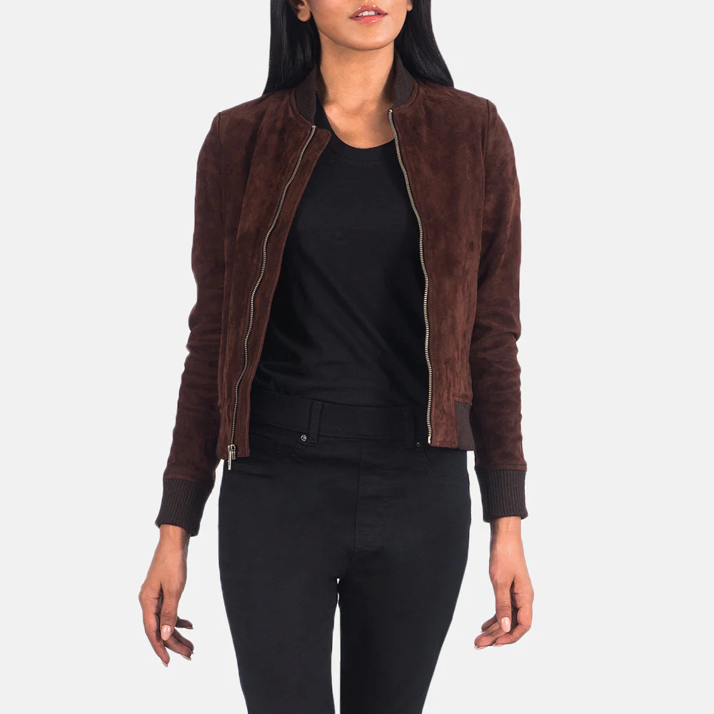 Women's Bliss Brown Suede Bomber Jacket | The Jacket Maker