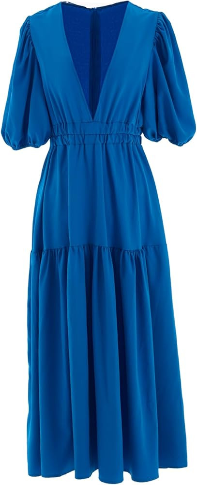 HOULENGS Women's Deep V Neck Puff Short Sleeve Tiered Dress Elastic High Waist Flowy A Line Midi ... | Amazon (US)