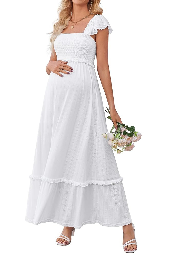 OUGES Womens 2025 Summer Maternity Photoshoot Dress Boho Maxi Smocked Baby Shower Dress Ruffle Sl... | Amazon (US)