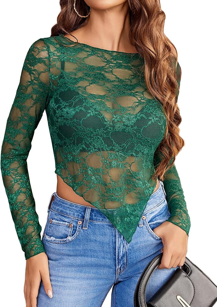 Avidlove Womens Mesh Tops Lace Long Sleeve Shirts Crewneck Slim Fitted Outfits See Through Blouse... | Amazon (US)